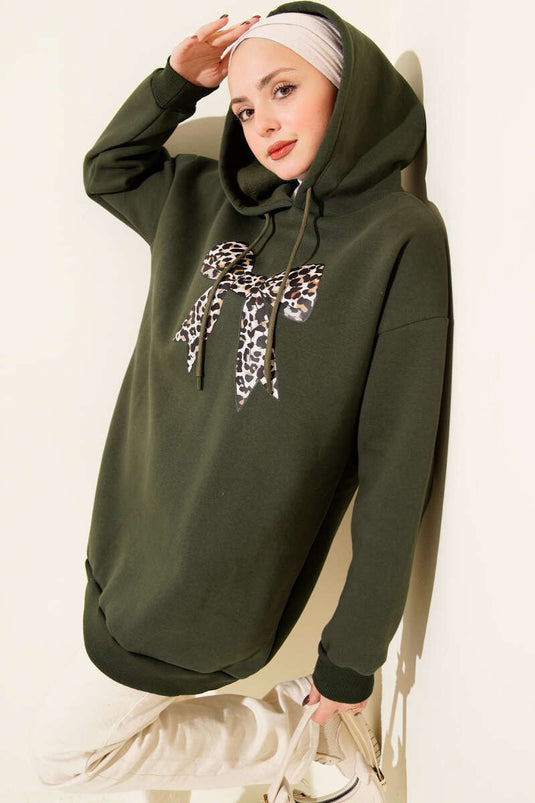 Leopar Kurdele Baskılı Üç İplik Sweatshirt Haki