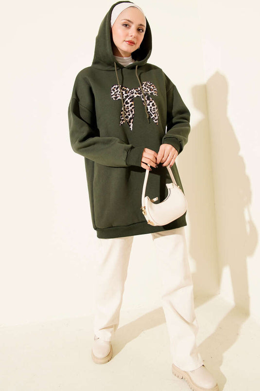 Leopar Kurdele Baskılı Üç İplik Sweatshirt Haki