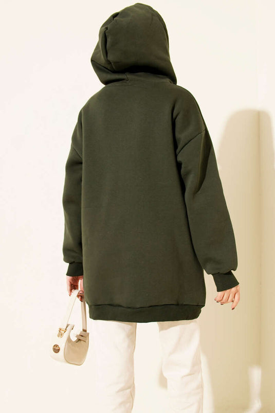 Leopar Kurdele Baskılı Üç İplik Sweatshirt Haki