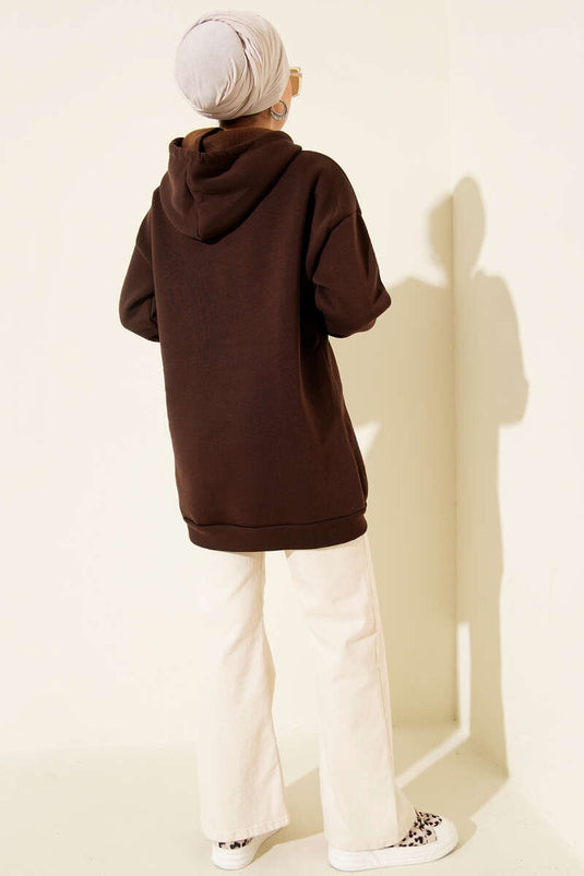Leopar Kurdele Baskılı Üç İplik Sweatshirt Kahve