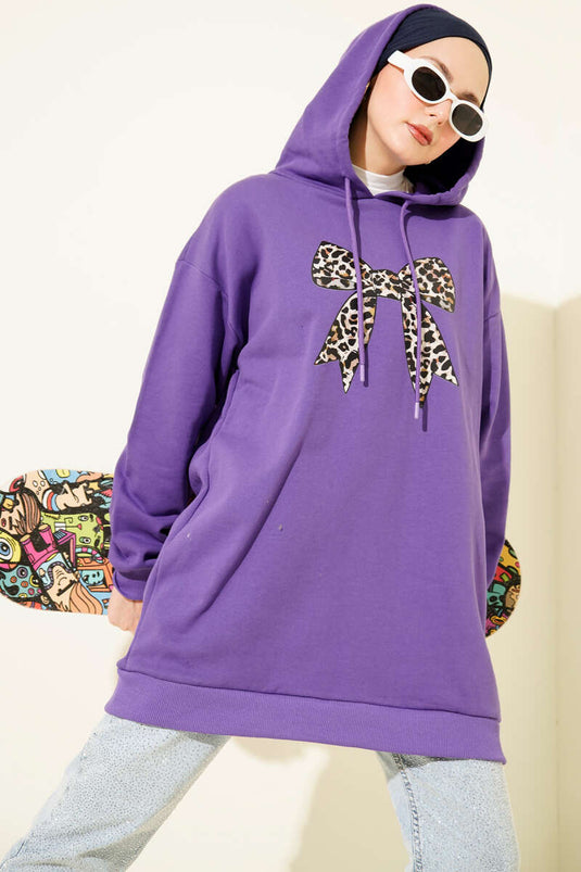 Leopar Kurdele Baskılı Üç İplik Sweatshirt Mor
