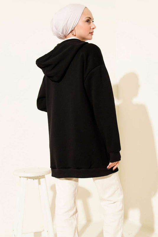 Leopar Kurdele Baskılı Üç İplik Sweatshirt Siyah