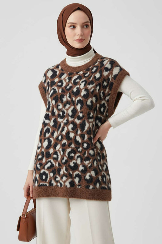 Leopar Sakallı Triko Süveter Kahve