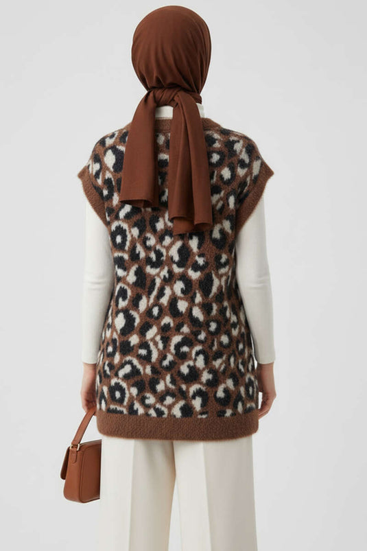 Leopar Sakallı Triko Süveter Kahve