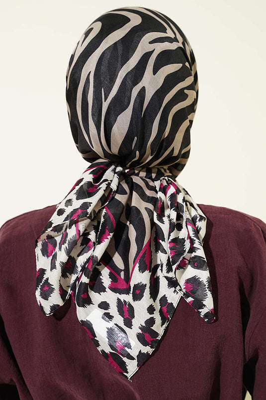 Leopar Şeritli Desenli Eşarp Eflatun
