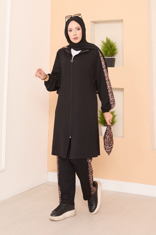 طقم أويشو الأسود بنقشة الفهد المخططة بسحاب