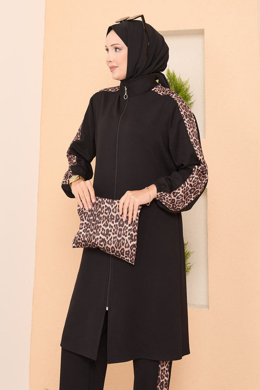 طقم أويشو الأسود بنقشة الفهد المخططة بسحاب