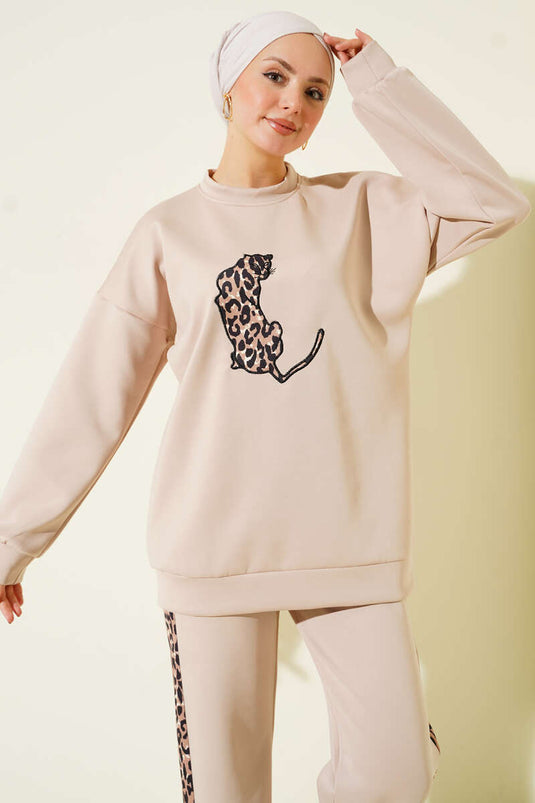 Ensemble double en néoprène à rayures léopard beige