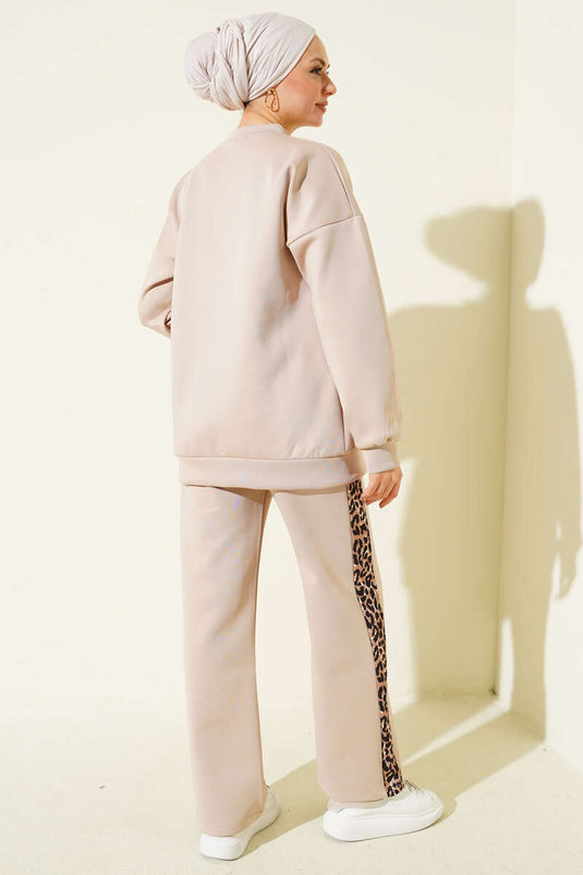 Ensemble double en néoprène à rayures léopard beige