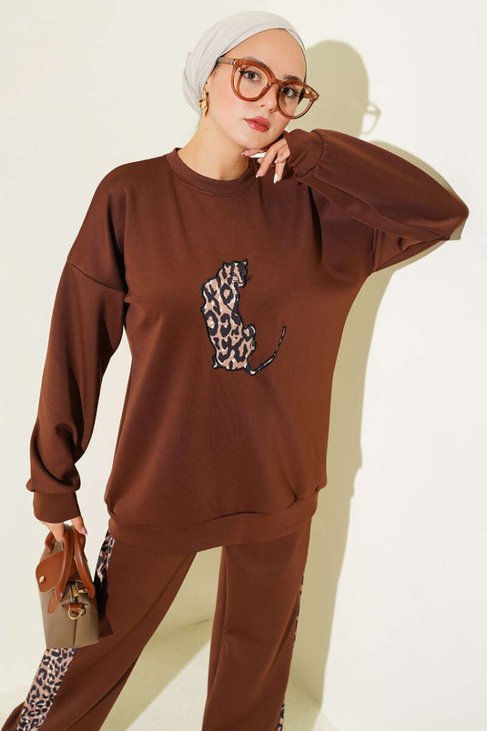 طقم سكوبا مزدوج مخطط بنقشة الفهد بني