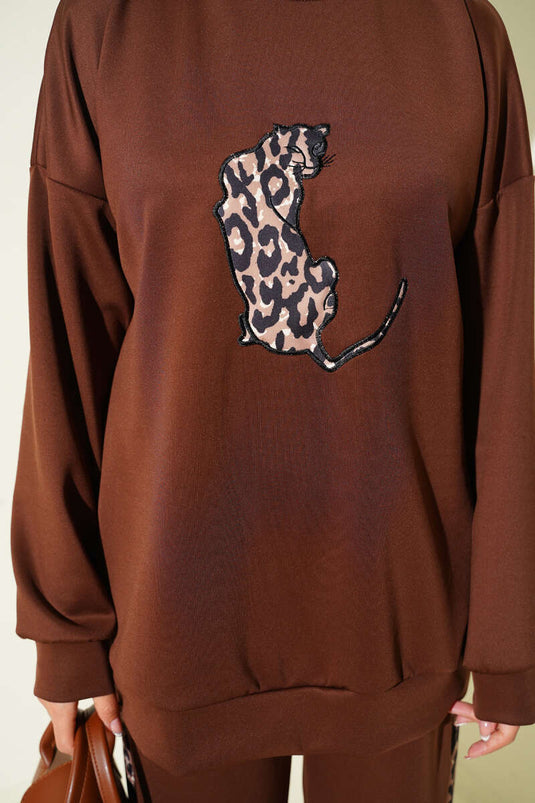 طقم سكوبا مزدوج مخطط بنقشة الفهد بني