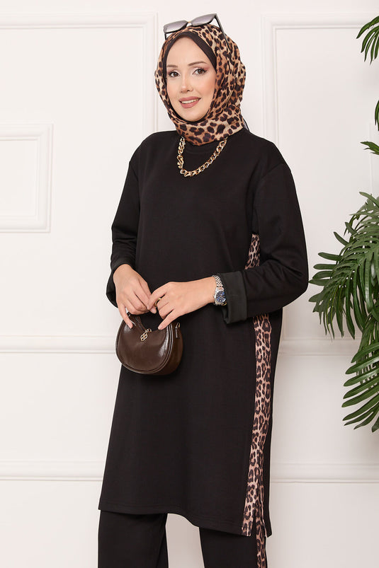 طقم أويشو الأسود بنقشة الفهد مع شرائط وفتحة