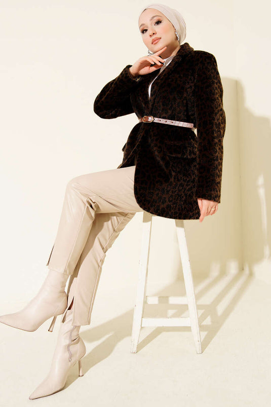 سترة جولدفوكس بنقشة الفهد مع حزام بلون القهوة الداكنة