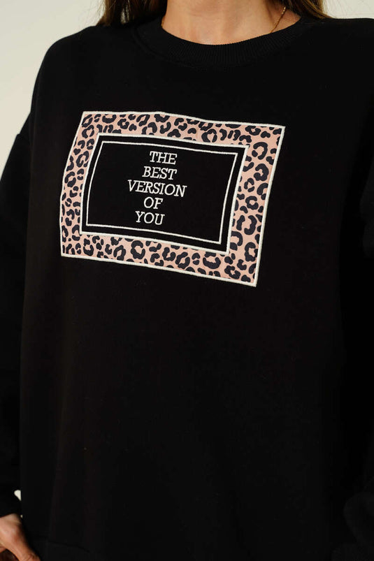 Sweat-shirt polaire noir brodé à imprimé léopard