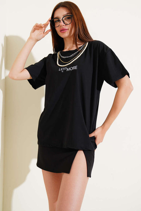Less More İncili T-shirt Siyah