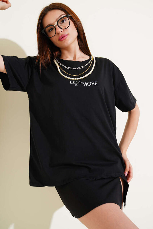 Less More İncili T-shirt Siyah