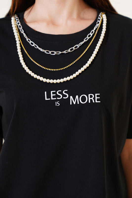 Less More İncili T-shirt Siyah