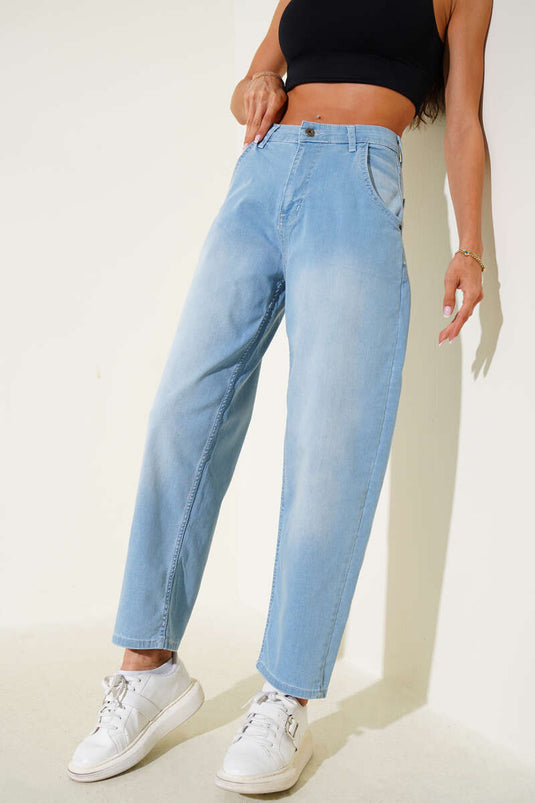 بنطلون جينز فضفاض من الليكرا، لون أزرق فاتح