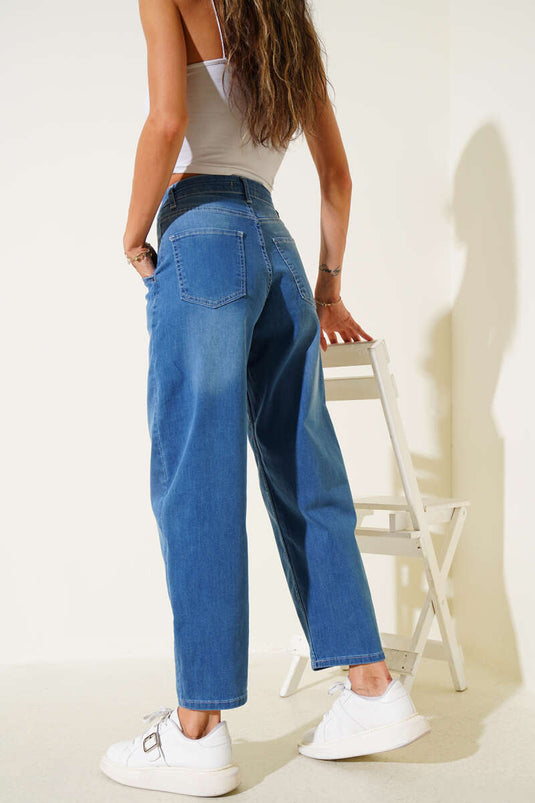 Jean ample en denim Lycra, bleu moyen