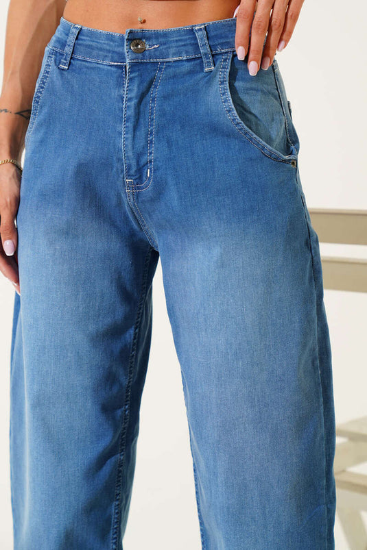 Jean ample en denim Lycra, bleu moyen