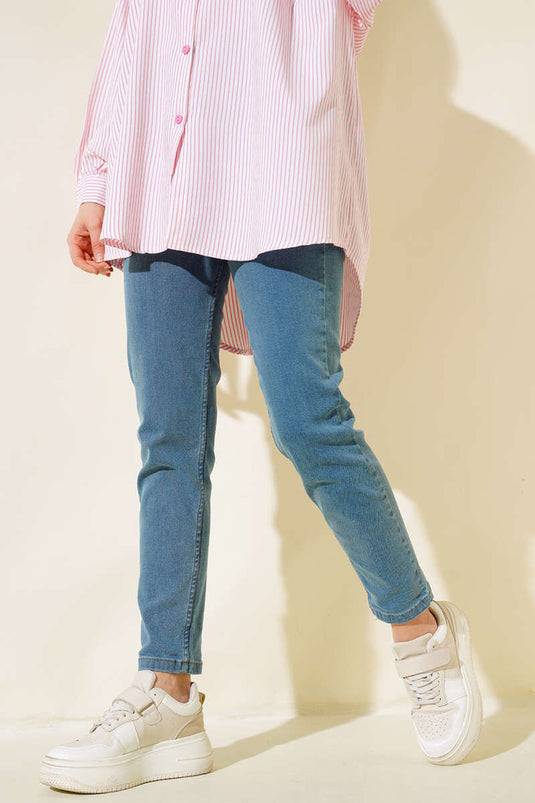 بنطلون جينز ليكرا بوي فريند أزرق فاتح