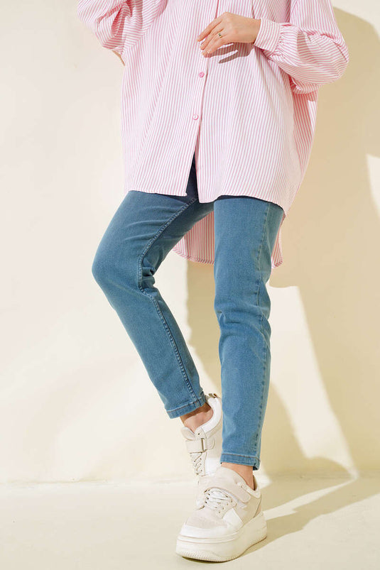بنطلون جينز ليكرا بوي فريند أزرق فاتح