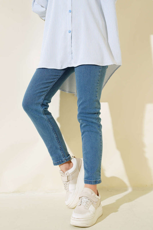 ليكرا بوي فريند جينز أزرق متوسط