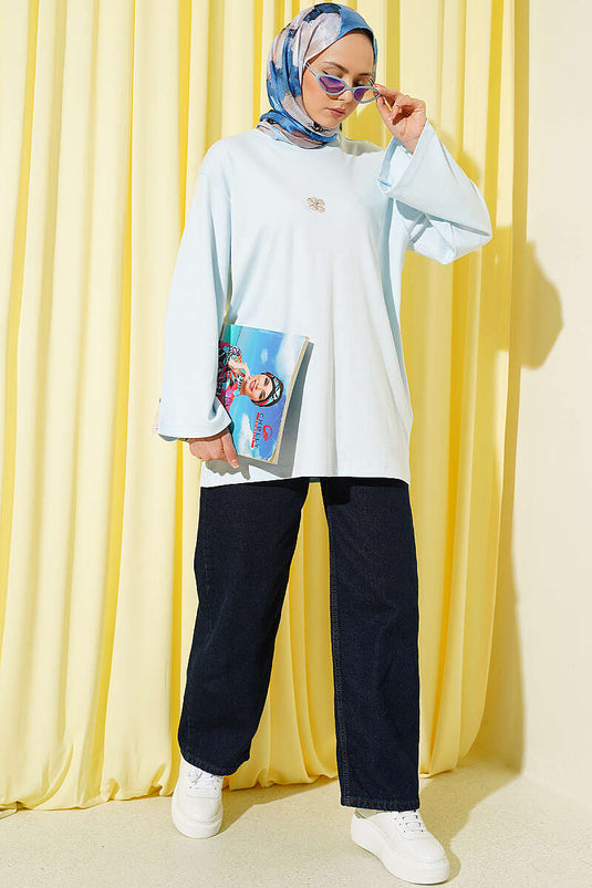 Lilyum Baskılı Basic Tunik Mavi