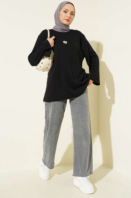 Lilyum Baskılı Basic Tunik Siyah