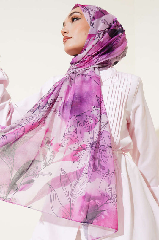 Châle marbré à motif lys fuchsia