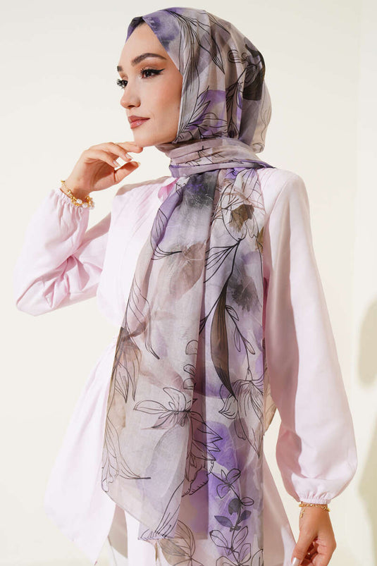 Lilyum Desen Ebruli Şal Lila