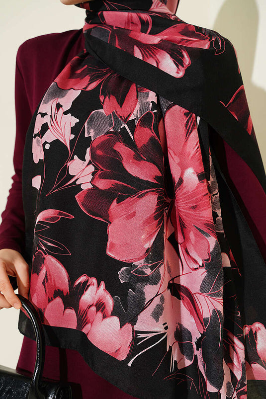Foulard doux à motif Lilyum noir et rose