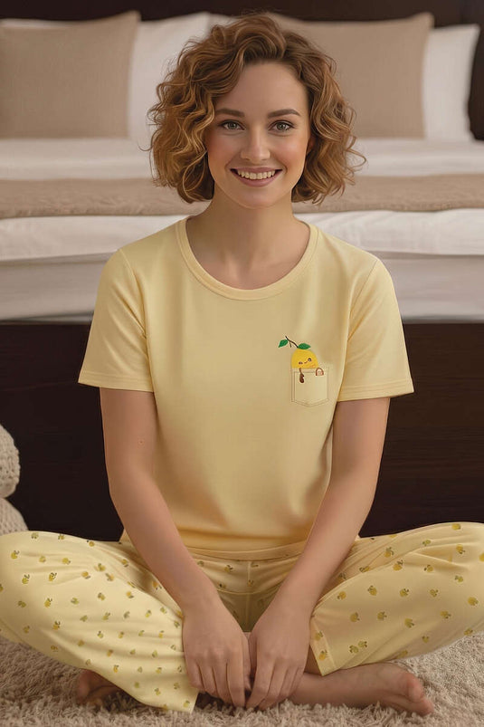 Lemon Print Crew Neck Pajama Set Yellow