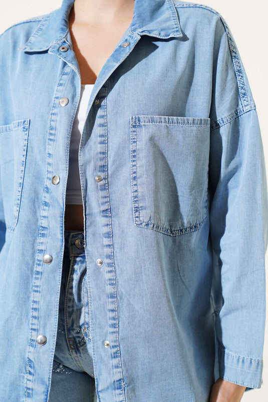 Lemon Cello Printed Denim Shirt Blue