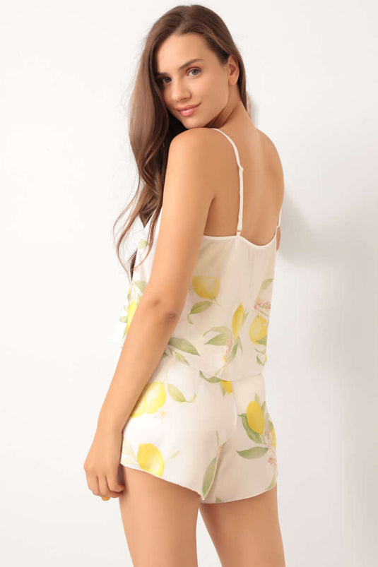 Limon Desen Askılı Saten Pijama Takımı Beyaz
