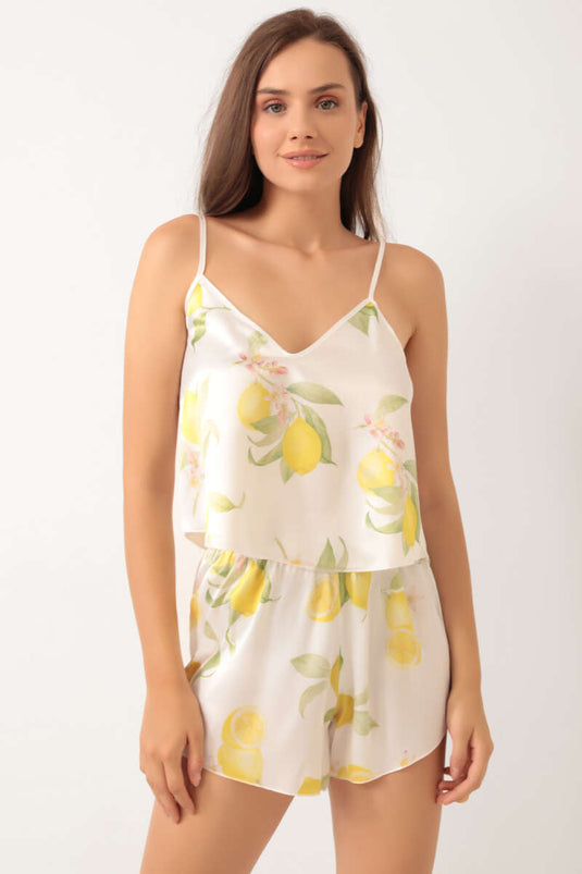 Limon Desen Askılı Saten Pijama Takımı Beyaz