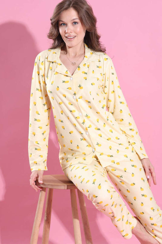 Ensemble pyjama jaune en daim à boutons et motif citron