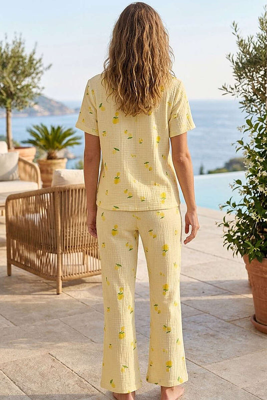 Limon Desenli Müslin Kısa Kollu Pijama Takımı Sarı