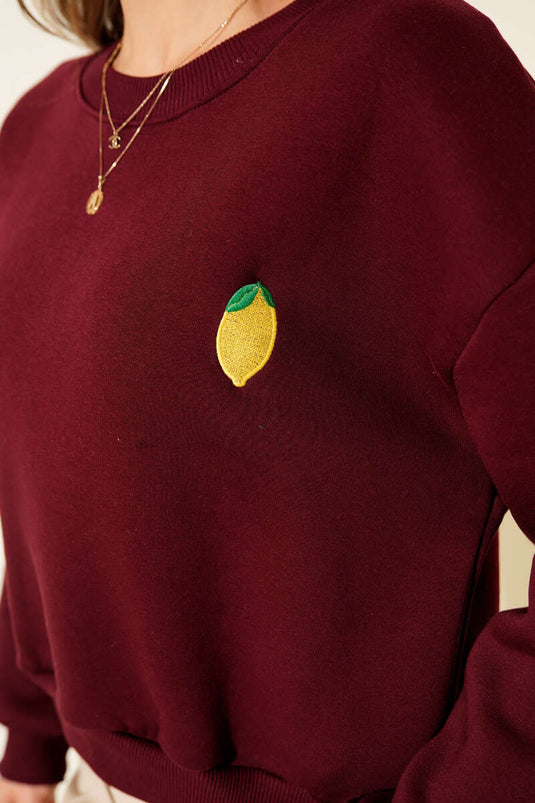 Lemon Embroidered Three-Thread Sweatshirt Burgundy