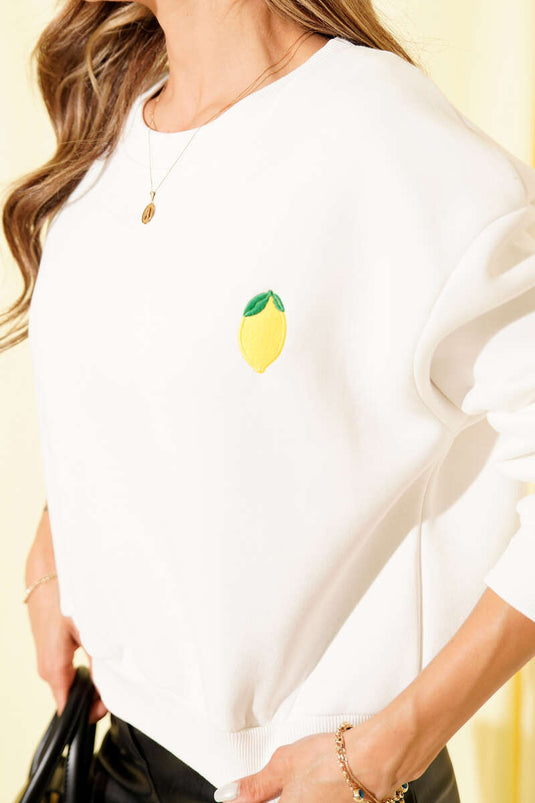 Sweat-shirt brodé citron à trois fils, écru