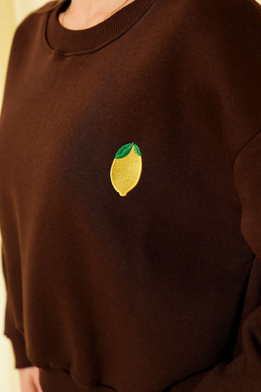 Citroen geborduurd sweatshirt met drie draden Koffie