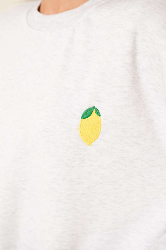 Sweat-shirt gris chiné à trois fils brodé citron