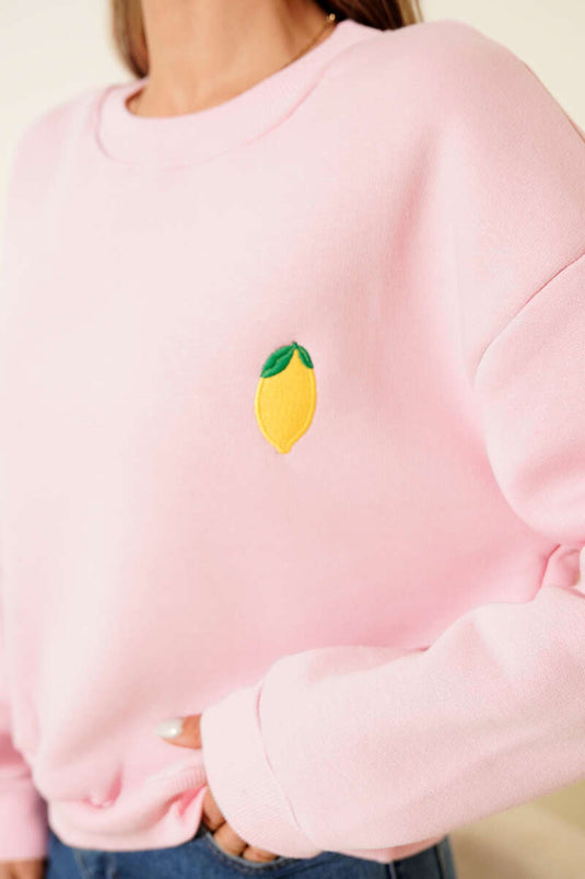 سويت شيرت وردي بثلاثة خيوط مع تطريز ليمون