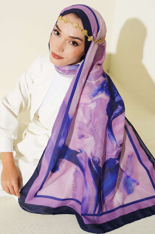 Lina Patterned Soft Scarf, Navy Blue