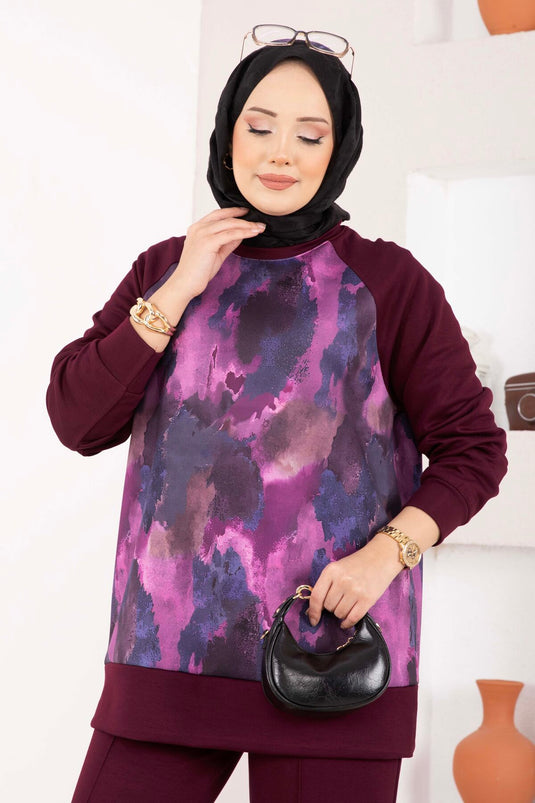 Lina Patterned Modest Two-Piece Set Burgundy