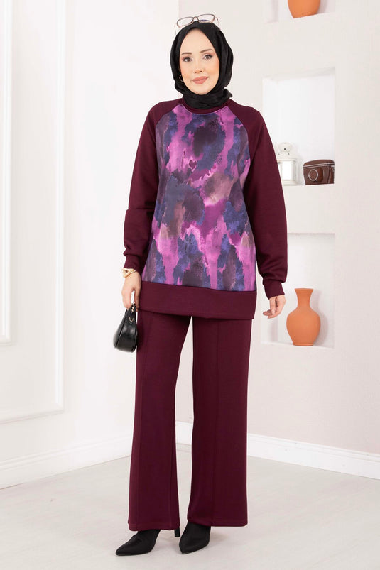 Lina Patterned Modest Two-Piece Set Burgundy