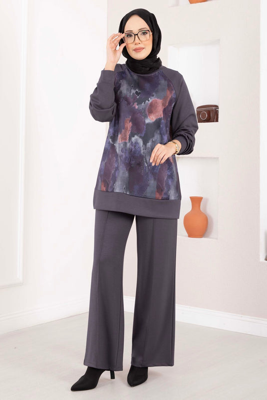 Lina Desenli Tesettür İkili Takım Gri