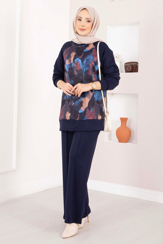 Lina Desenli Tesettür İkili Takım Lacivert