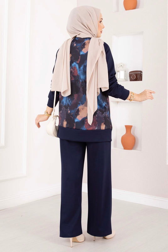Lina Patterned Modest Two-Piece Set Navy Blue