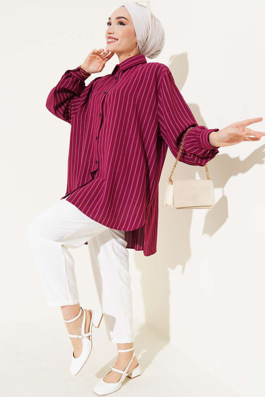 قميص ليندا مخطط كبير الحجم باللون العنابي